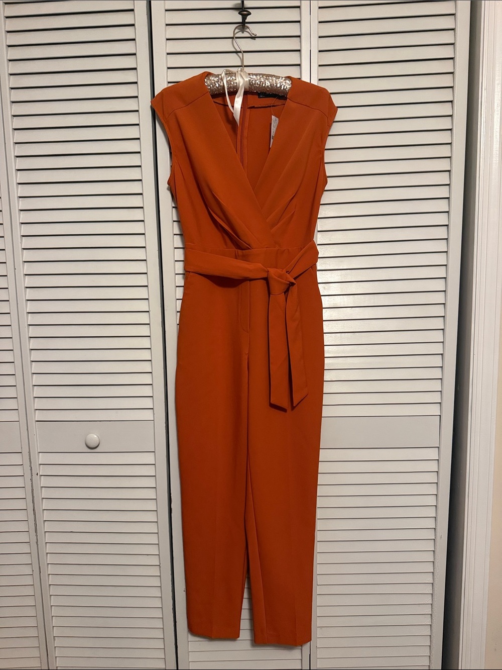 New York & Company Sleeveless V-Neck Belted Jumpsuit - Rust Orange